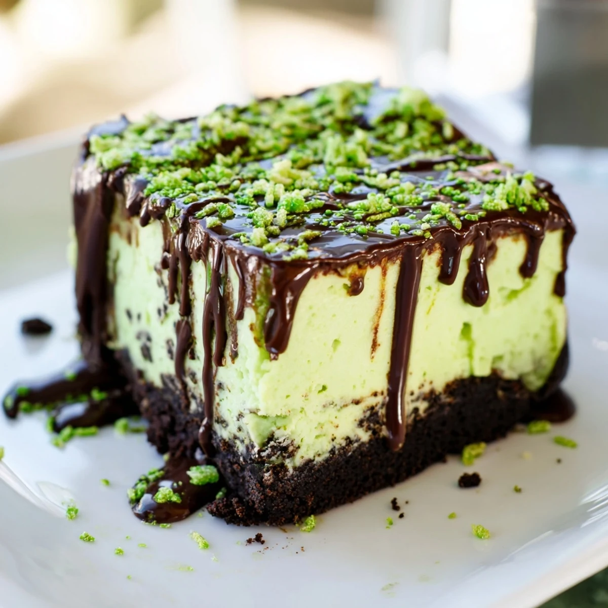 Festive green St. Patricks Irish mint cheesecake fudge squares with white chocolate mint swirls