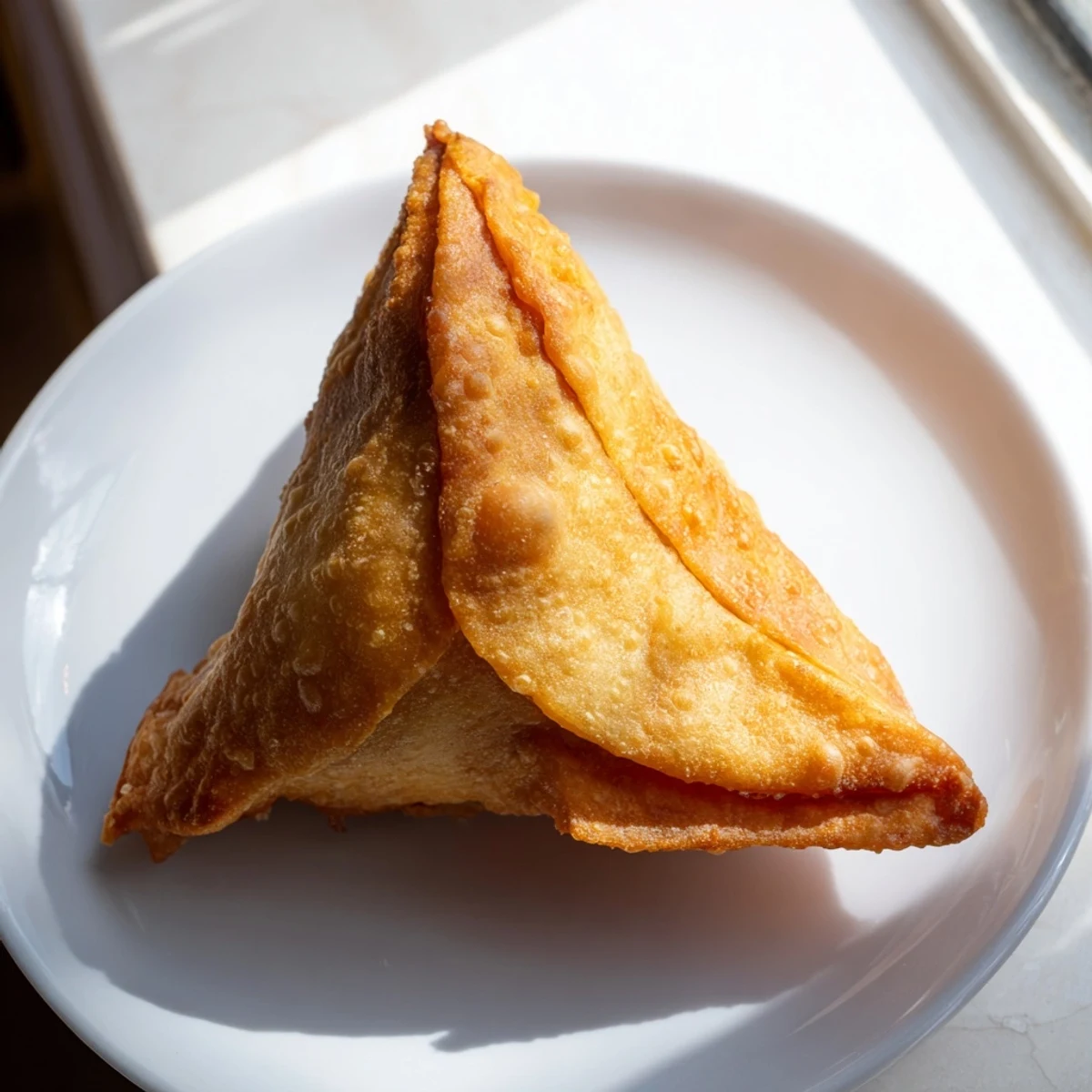 Triangular vegetable samosas arranged on white plate featuring golden fried shells and aromatic filling
