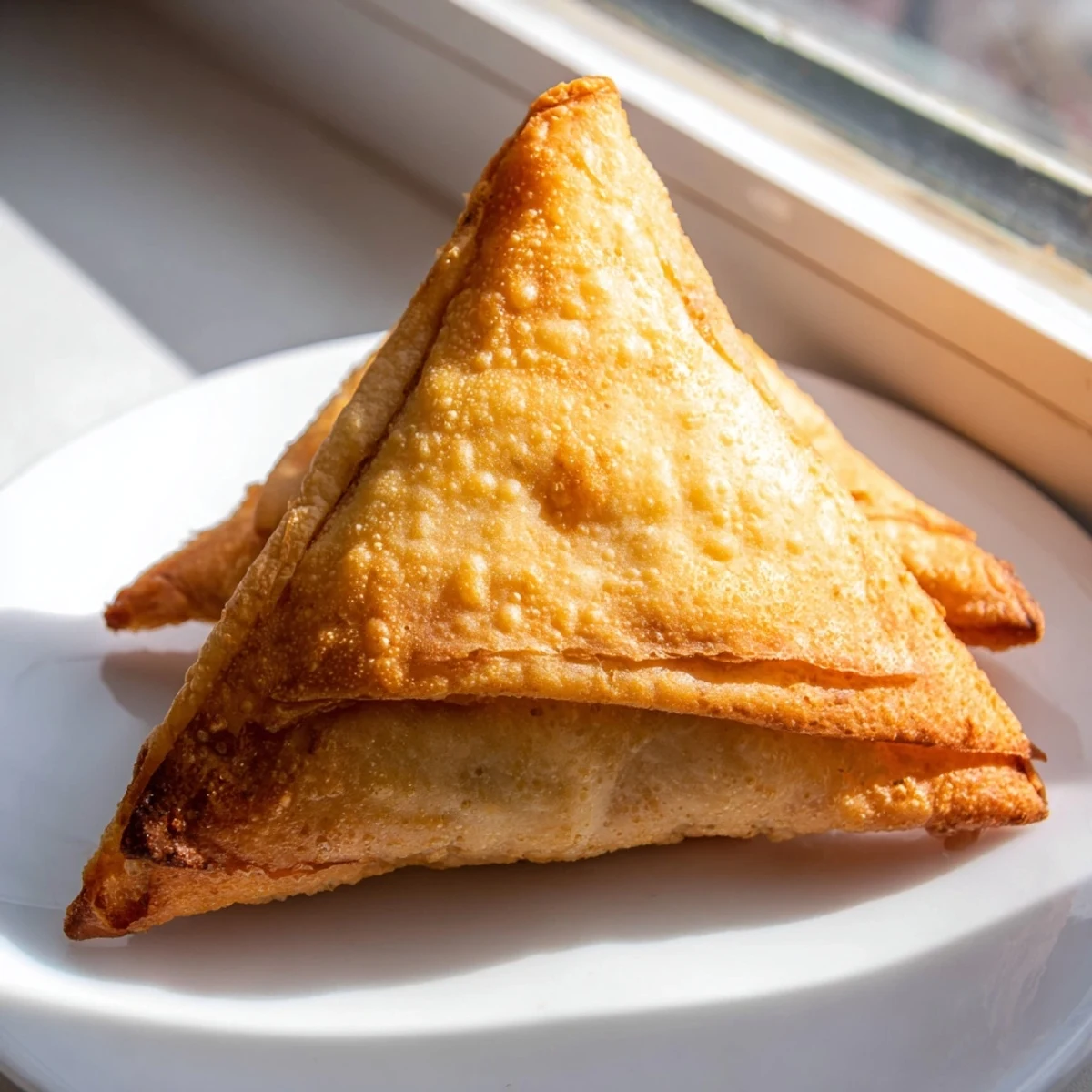 Golden brown vegetable samosas with crispy pastry and spiced potato pea filling