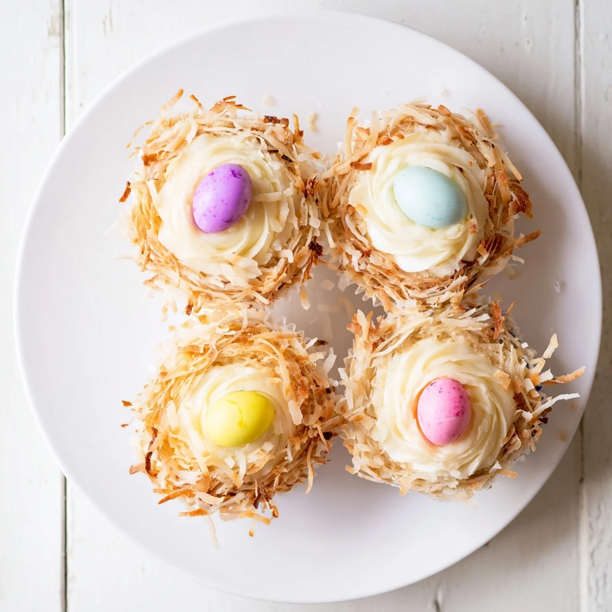 Coconut nest cupcakes topped with fluffy white frosting and toasted coconut surrounding colorful chocolate eggs