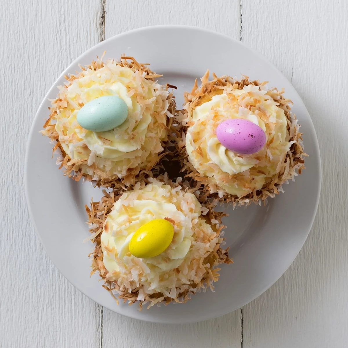 Easter-themed coconut nest cupcakes featuring swirls of creamy coconut buttercream and pastel chocolate egg candies