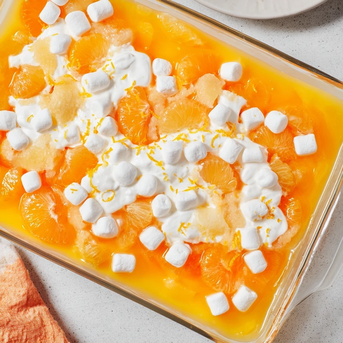 Easter orange jello salad with mandarin oranges and creamy white topping in a glass serving dish