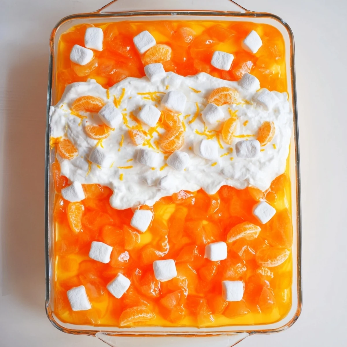 Festive orange gelatin salad layered with fluffy marshmallow cream topping garnished with citrus fruit segments