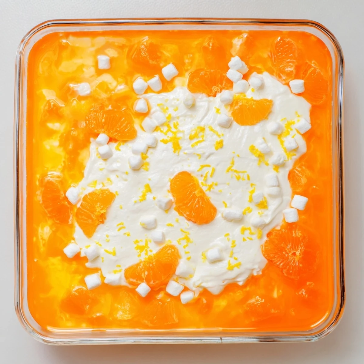 Creamy orange jello dessert salad topped with whipped mixture and mandarin oranges on white plate