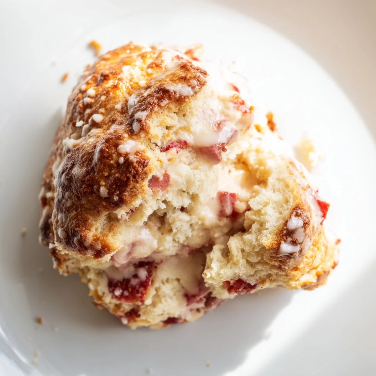Golden brown strawberries and cream scones topped with coarse sugar on a wire rack