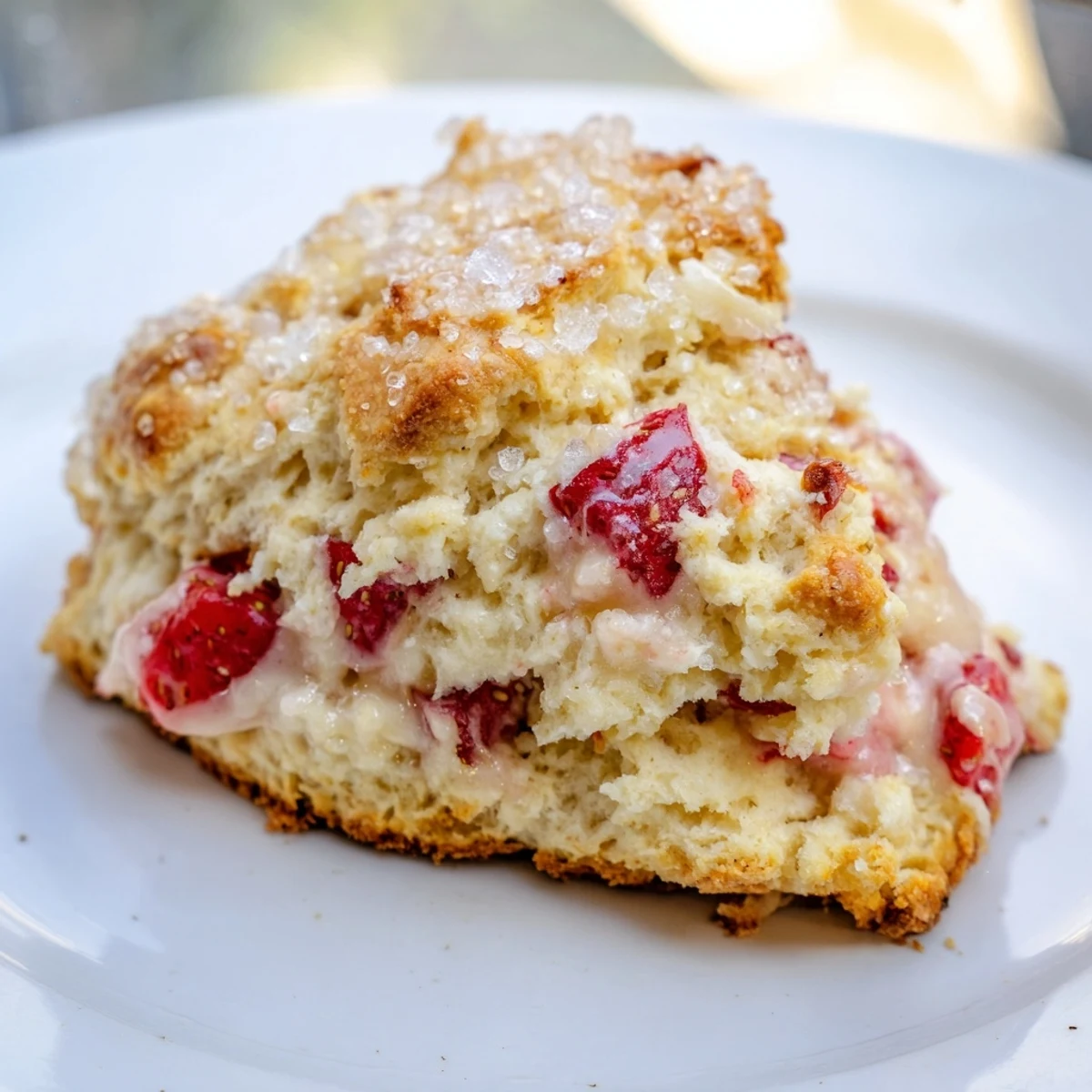 Fresh strawberry scones brushed with cream cooling on a parchment lined baking sheet