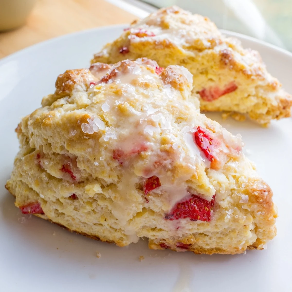 Tender flaky strawberries and cream scones with red fruit pieces ready for breakfast