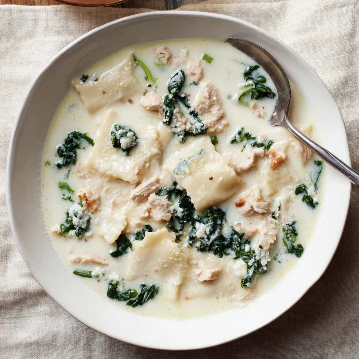 Creamy white lasagna soup with tender chicken, spinach, and melted Parmesan cheese in a rich broth