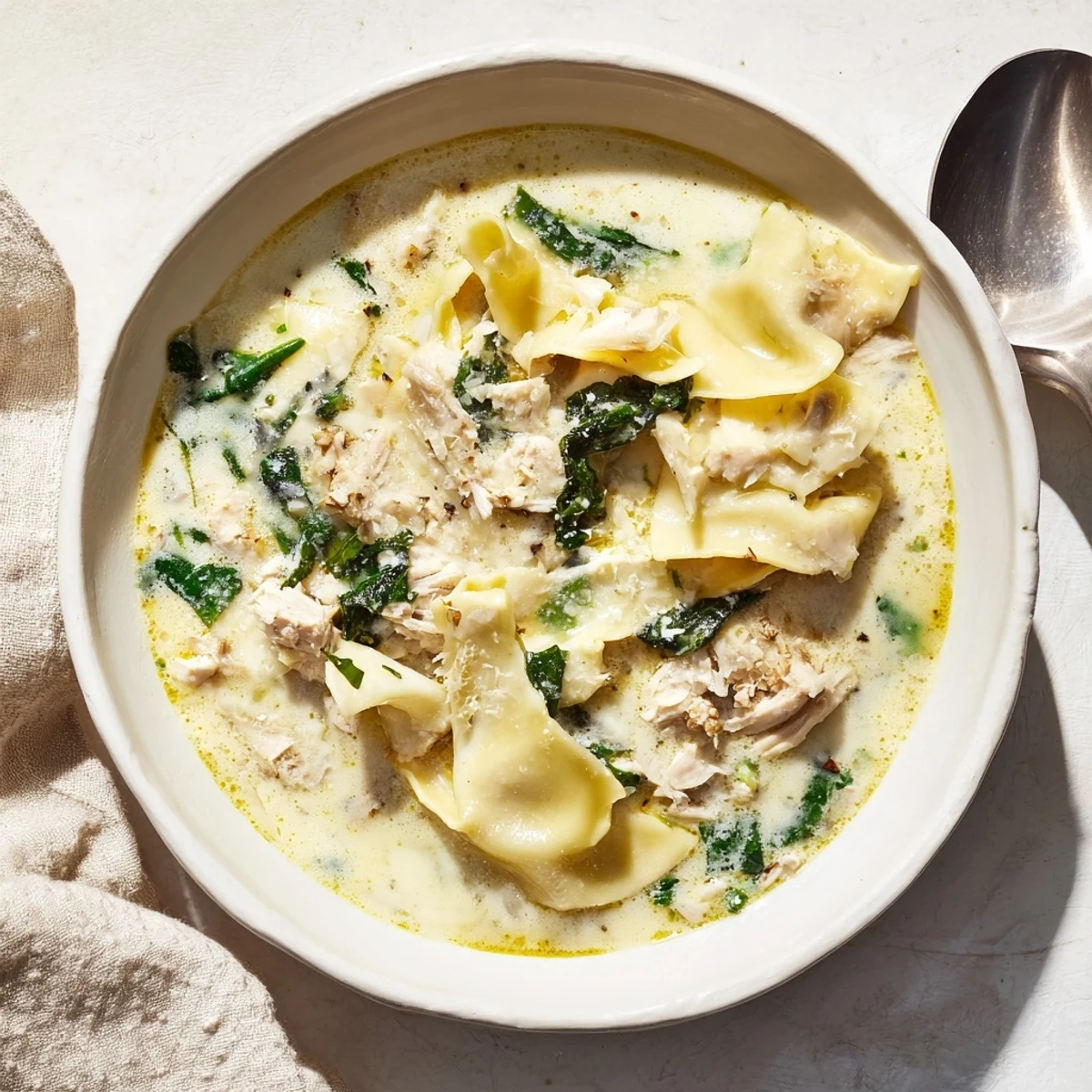 Bowl of Italian white lasagna soup featuring broken noodles, shredded chicken, and fresh spinach in savory milk-based broth