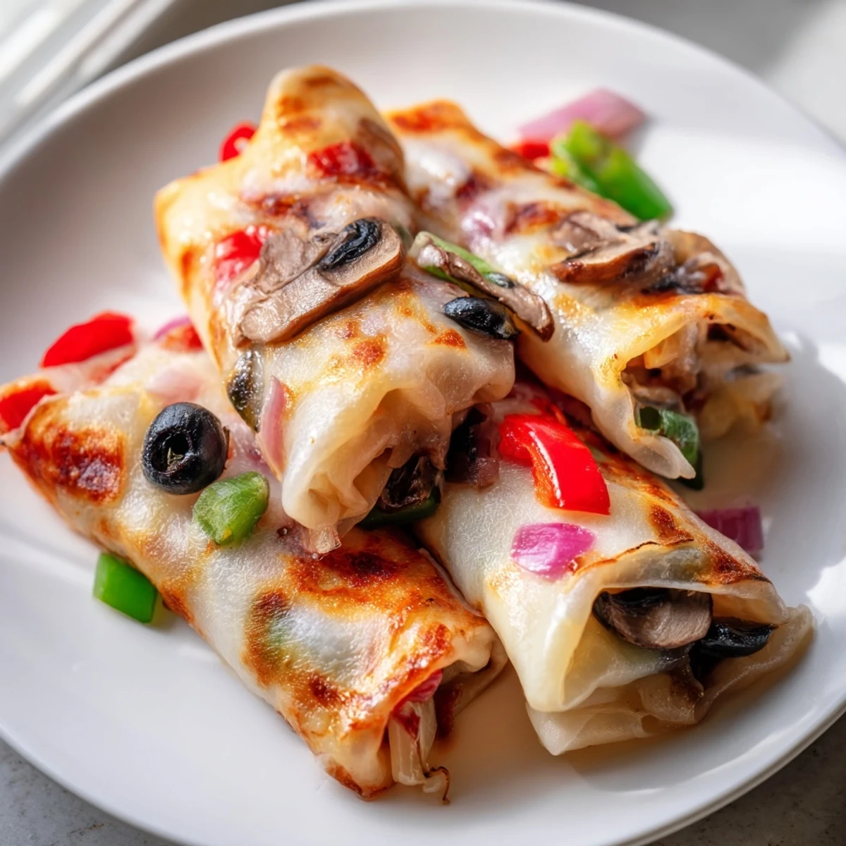 Close-up of golden brown rice paper pizza rolls arranged on a serving platter with marinara