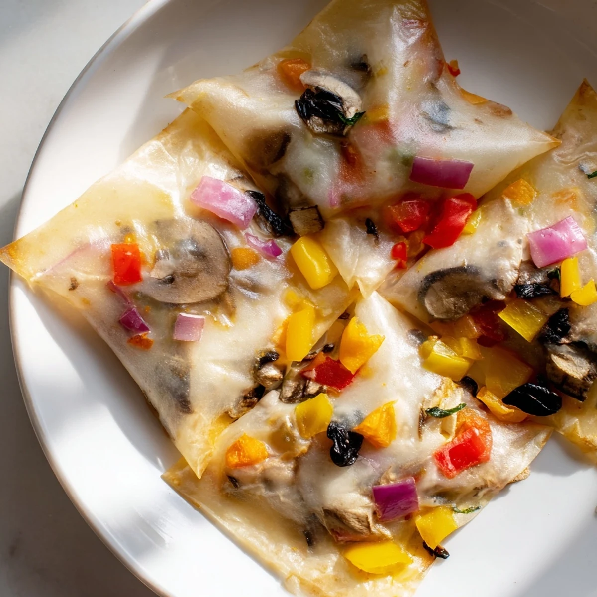 Crispy rice paper pizza rolls stuffed with pepper, olives, and bubbling cheese on a plate
