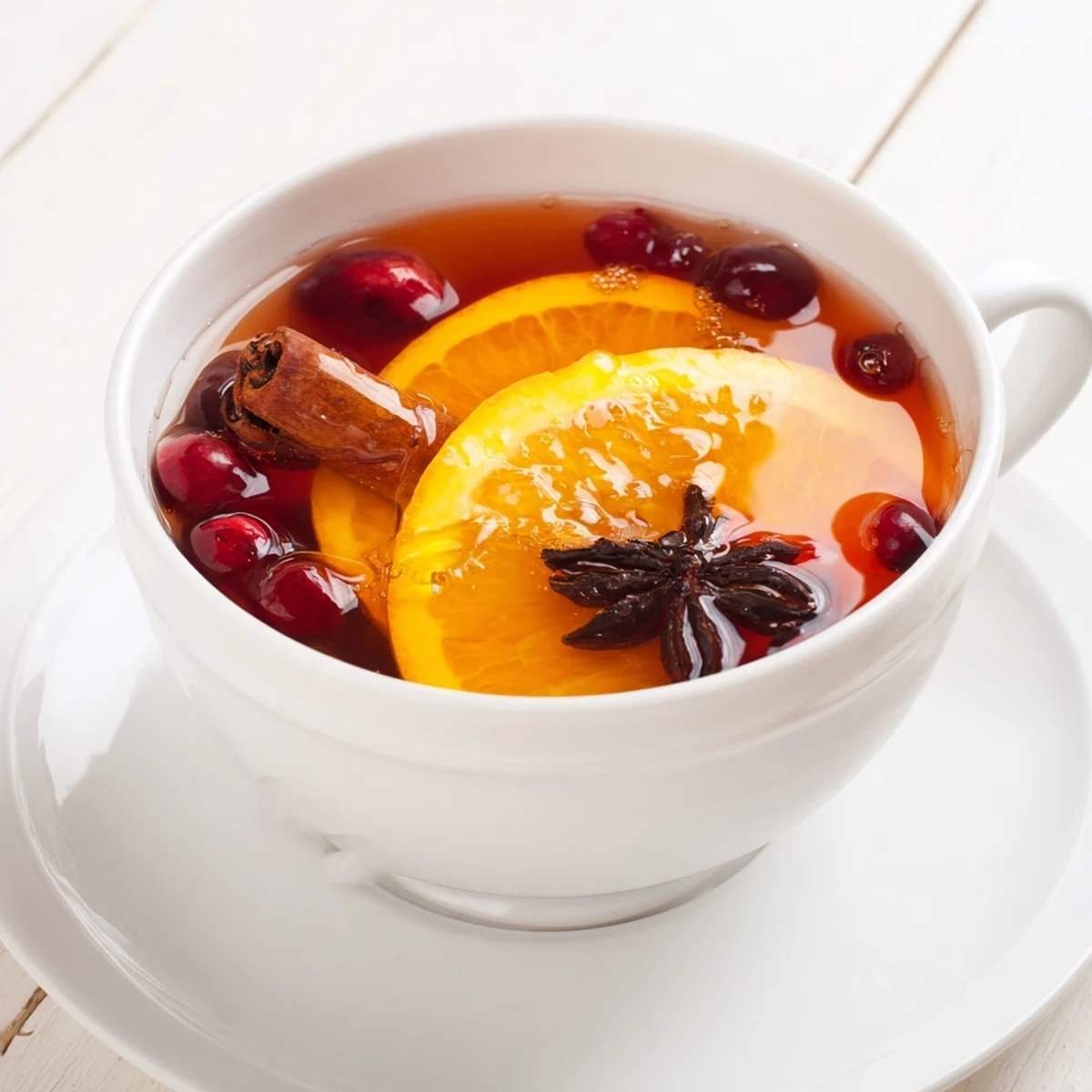 Rustic Orange Cranberry Tea served in a white teapot with cinnamon sticks and star anise
