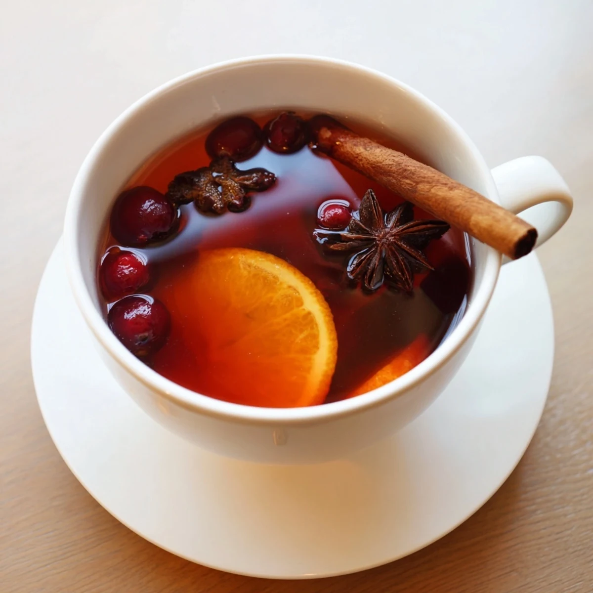 Golden Orange Cranberry Tea in a glass mug with orange wheel garnish on wooden surface