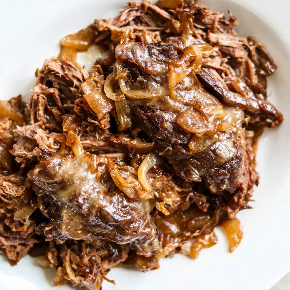 Golden-brown French onion pot roast sliced to reveal juicy meat served alongside roasted vegetables