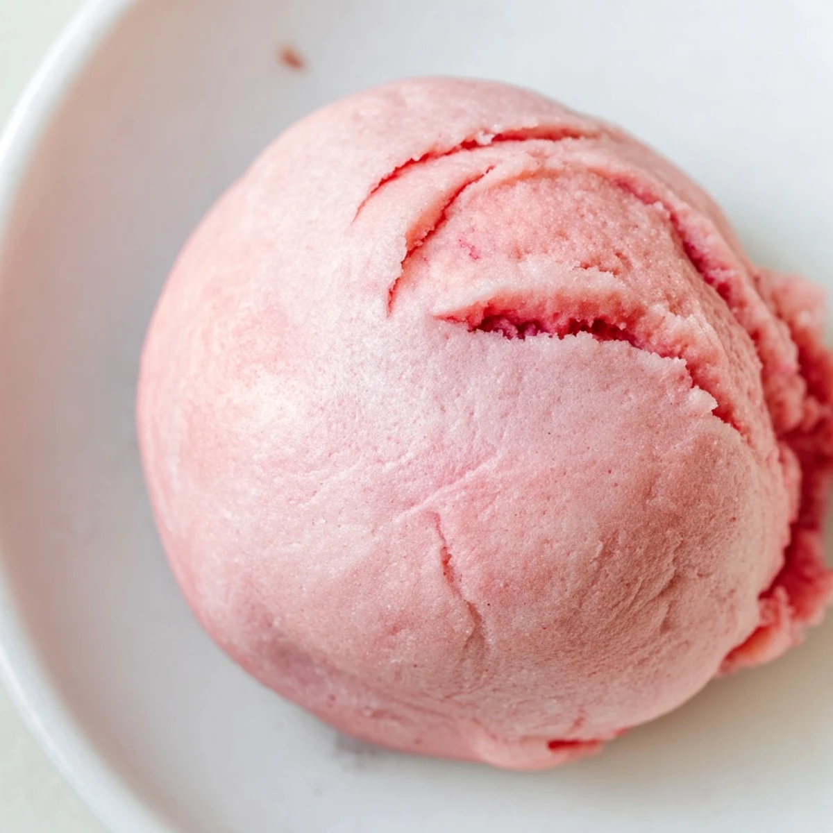 Soft pink vegan strawberry mochi ice cream balls on a white plate, dusted with starch and ready for freezing.
