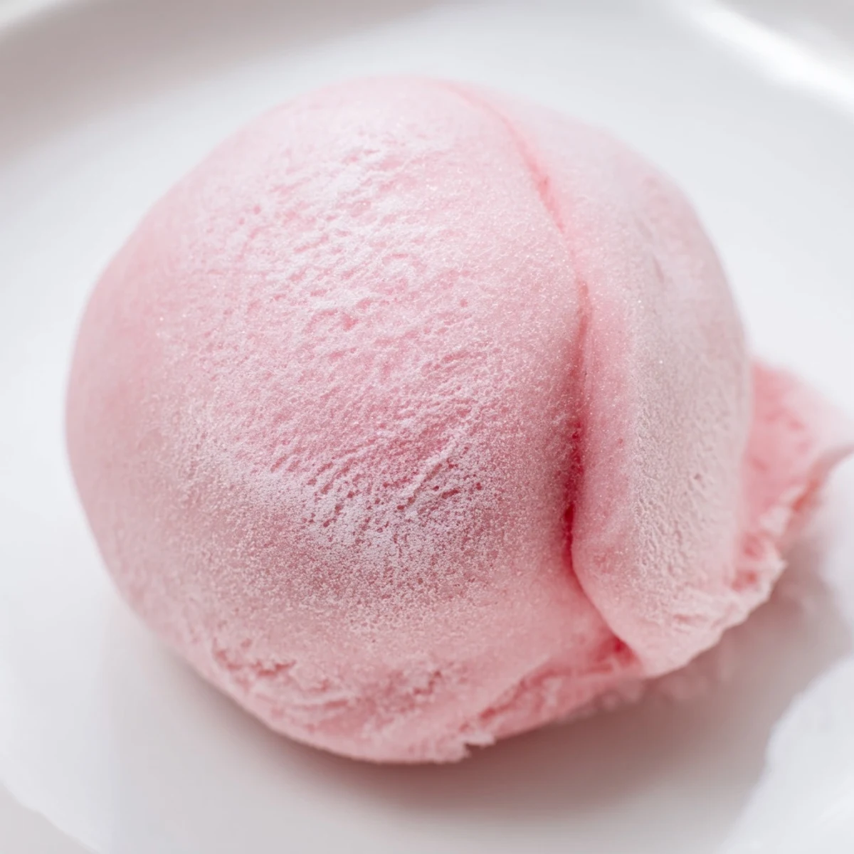 Handheld vegan strawberry mochi ice cream showing chewy rice wrapper around pink dairy-free strawberry coconut cream filling.
