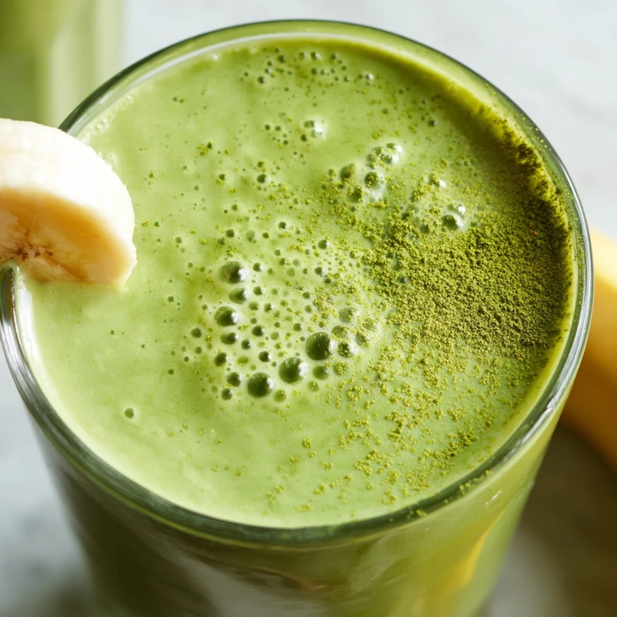 Creamy energizing banana matcha smoothie poured into a clear glass topped with light green frothy foam