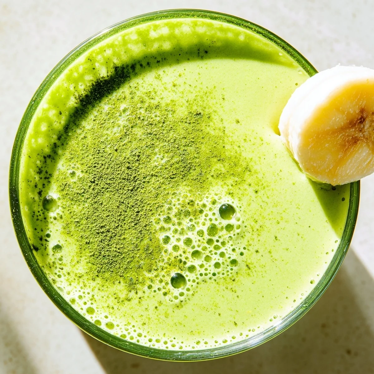 Fresh energizing banana matcha smoothie with sliced banana garnish on a rustic wooden table setting