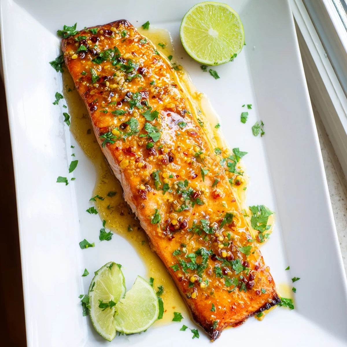 Golden brown Honey Lime Garlic Butter Baked Salmon with glossy caramelized glaze and fresh parsley garnish