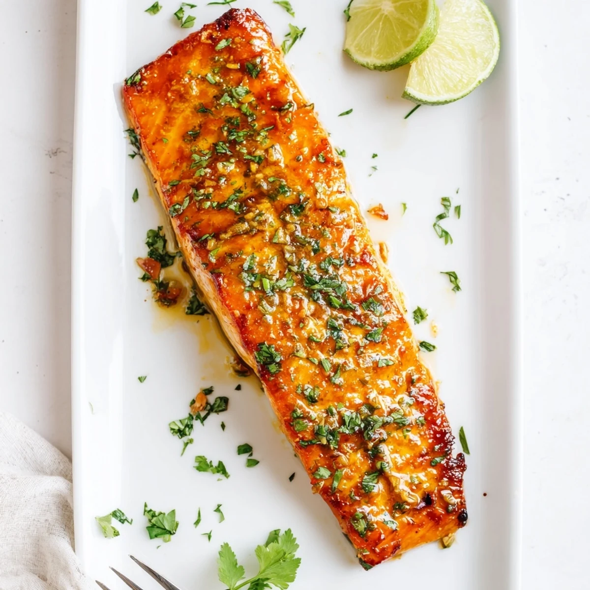 Baked salmon fillets brushed with sweet honey lime garlic butter sauce, fresh from the oven