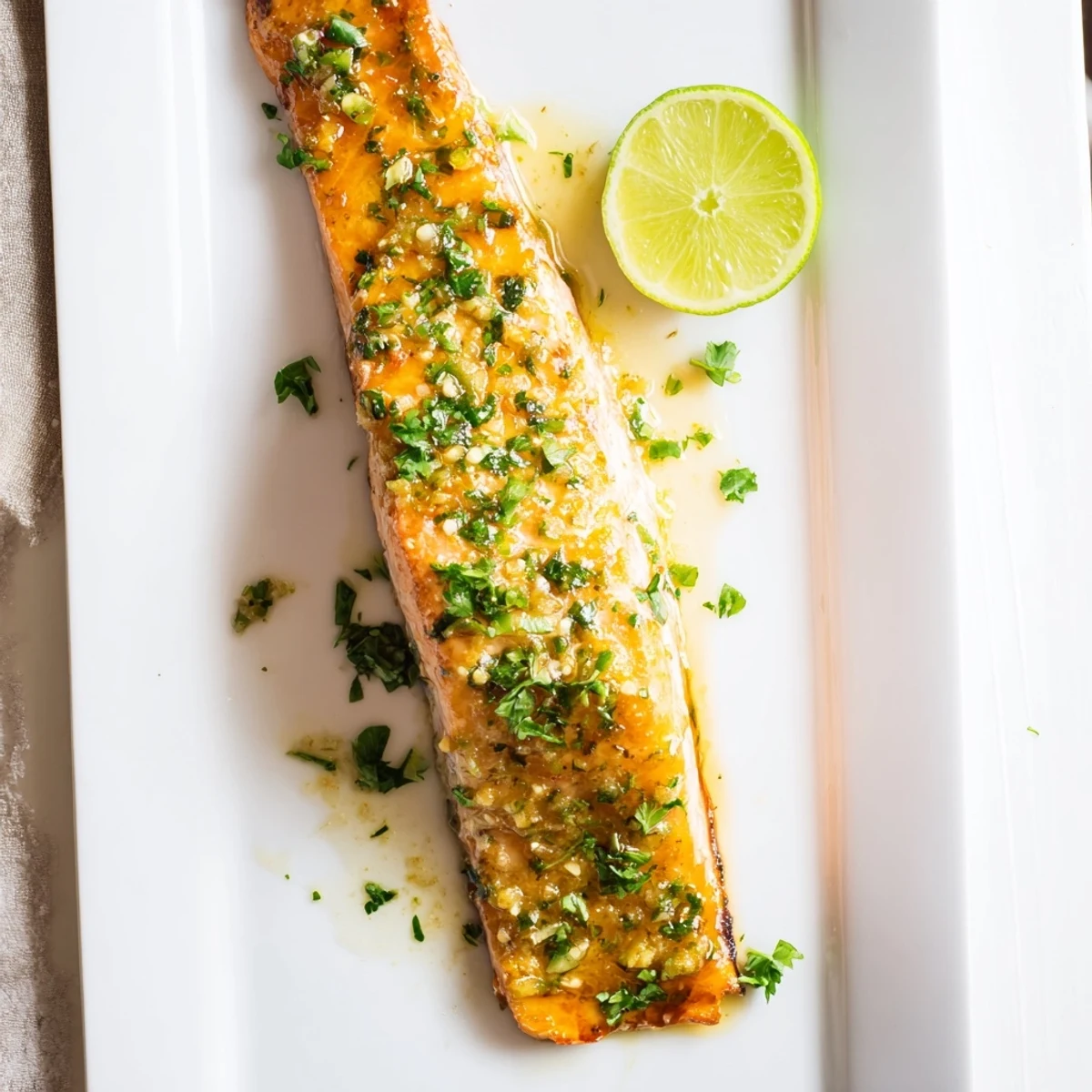 Flaky oven-roasted salmon glazed in honey lime garlic butter served with lime wedges on white plate