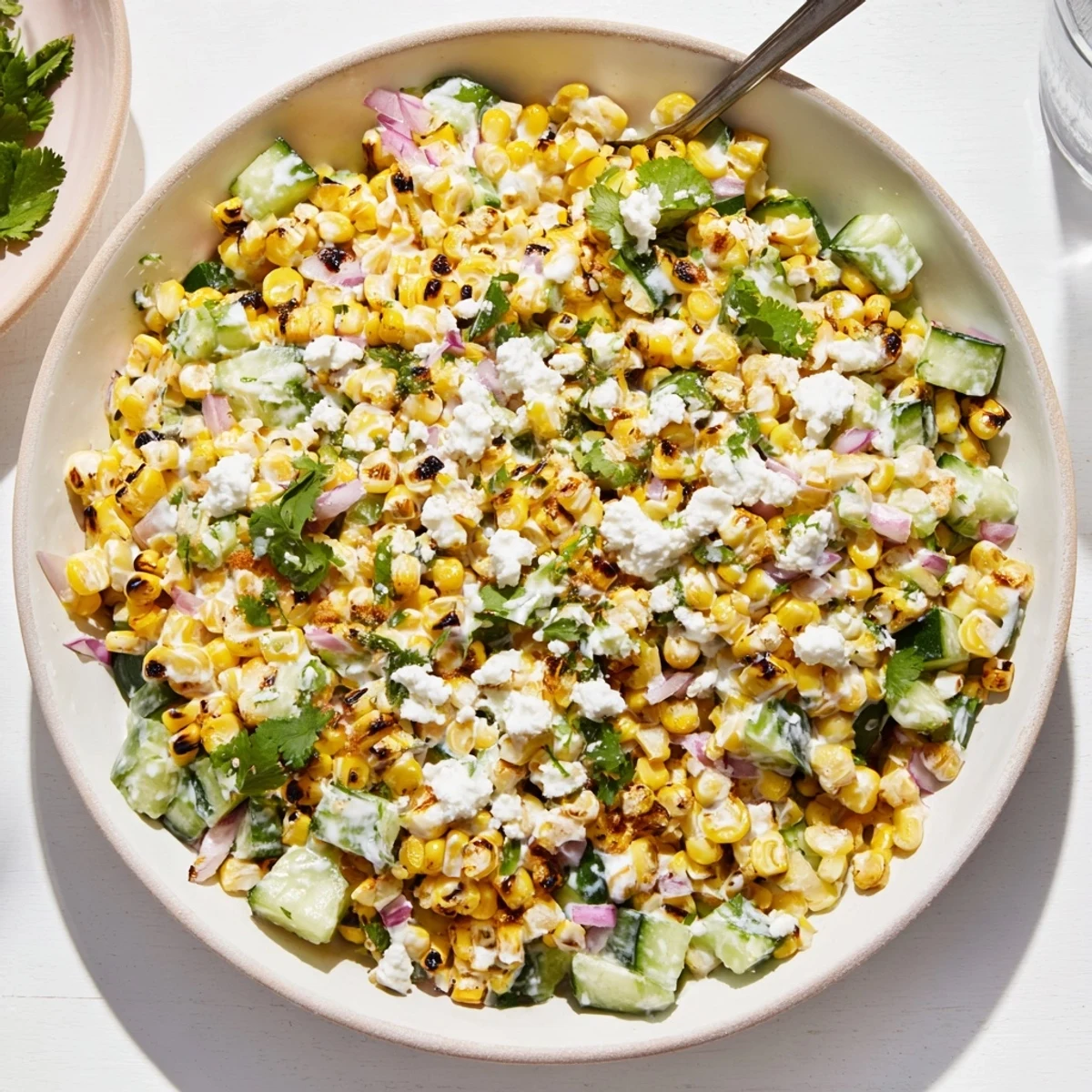 Colorful street corn creamy cucumber salad topped with white cotija crumbles and fresh cilantro