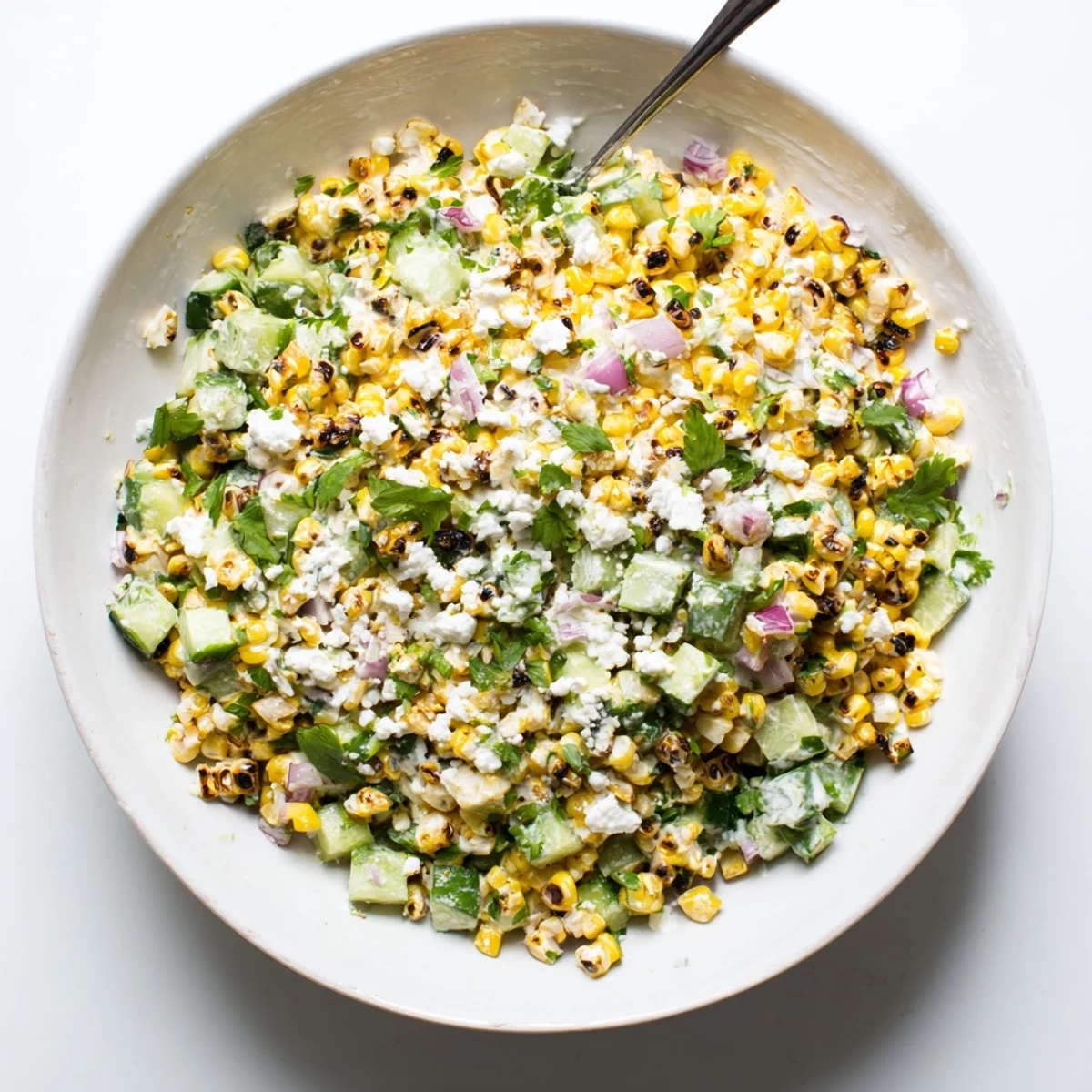 Fresh summer salad bowl featuring grilled corn kernels crisp cucumbers and tangy lime dressing