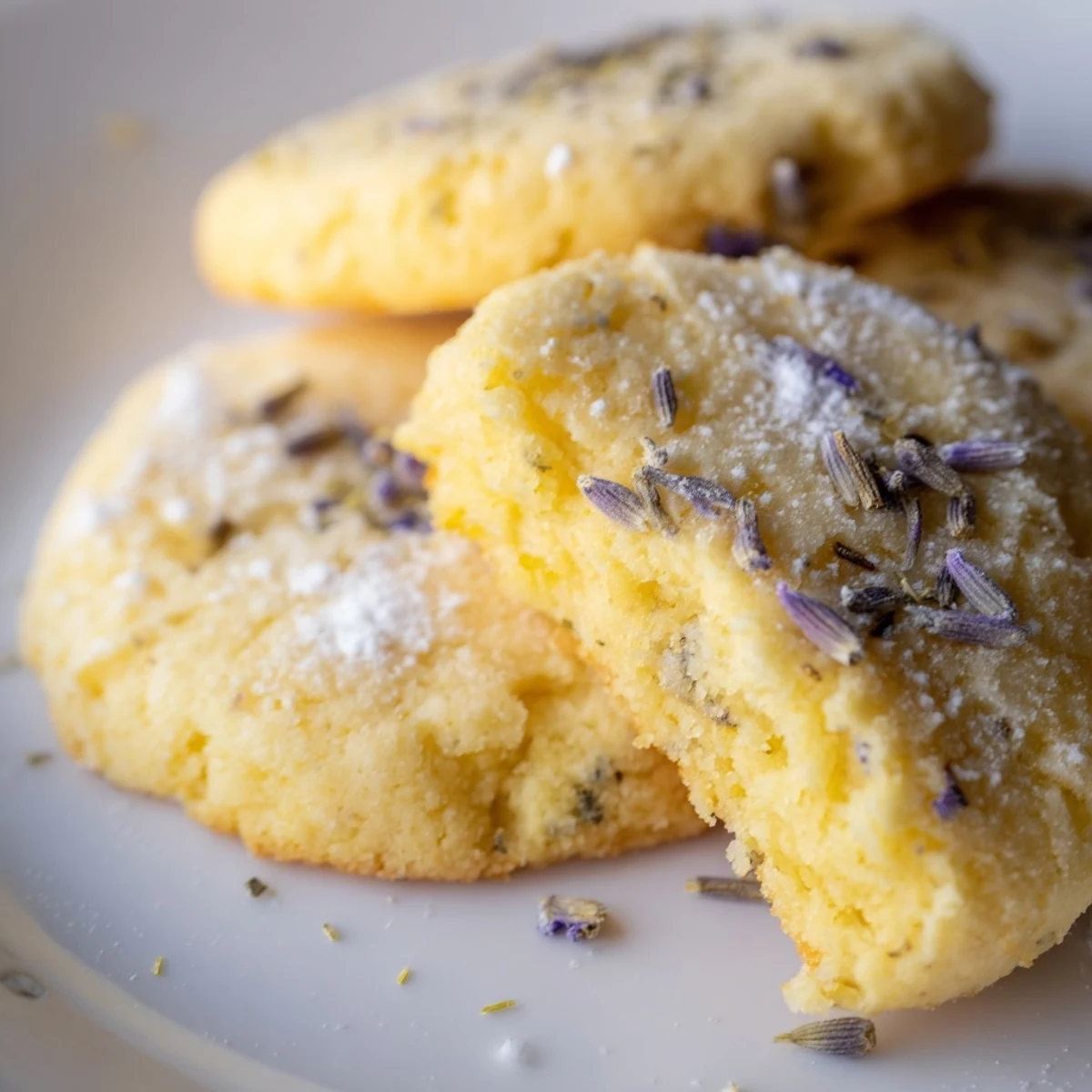 Golden lemon lavender cookies on a white wire cooling rack, dusted with powdered sugar