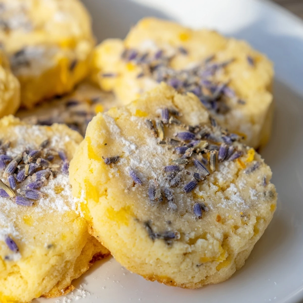 Delicate buttery lemon lavender cookies arranged on a vintage tea plate with fresh lemon wedges