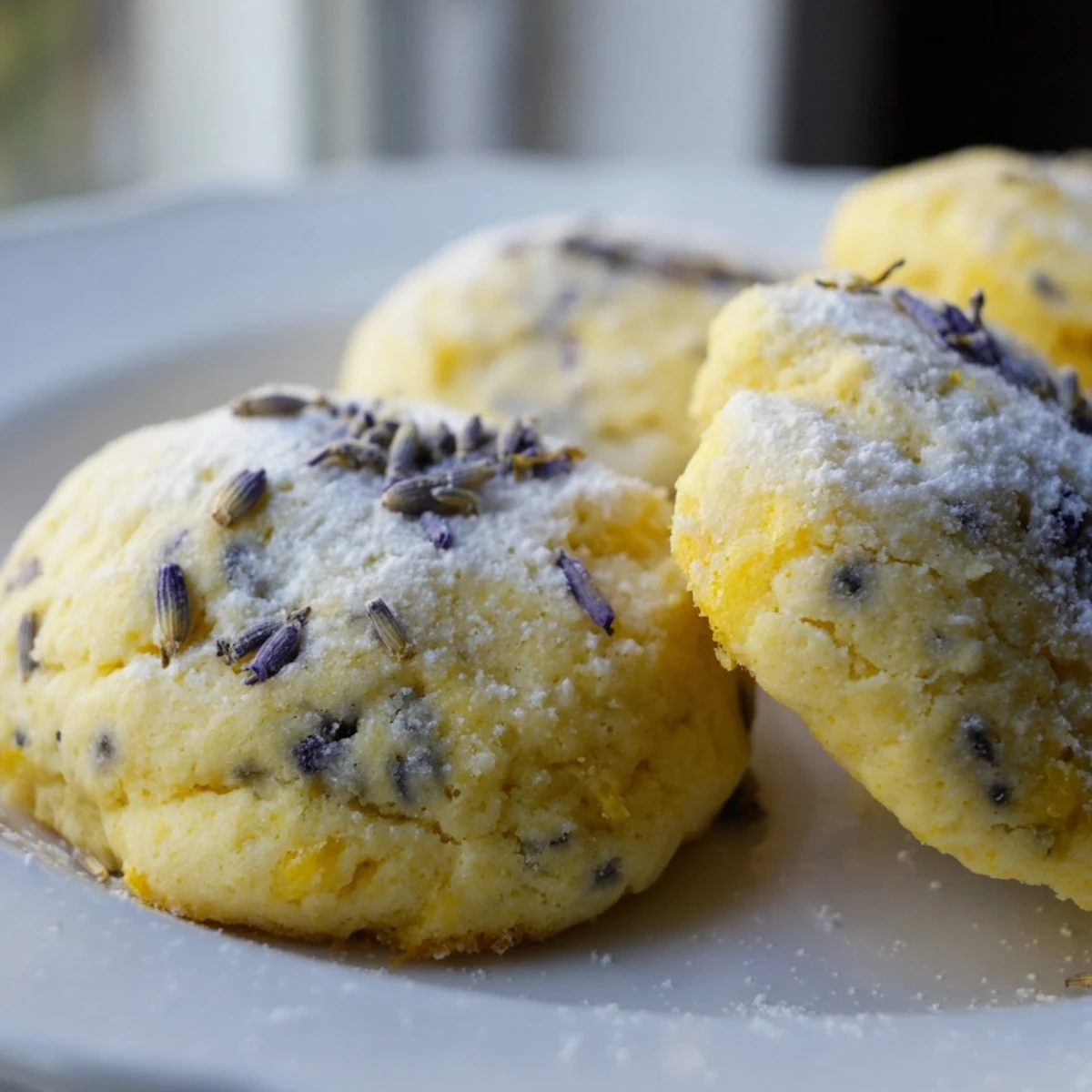 Soft-baked lemon lavender cookies stacked on a wooden cutting board, garnished with lavender sprigs