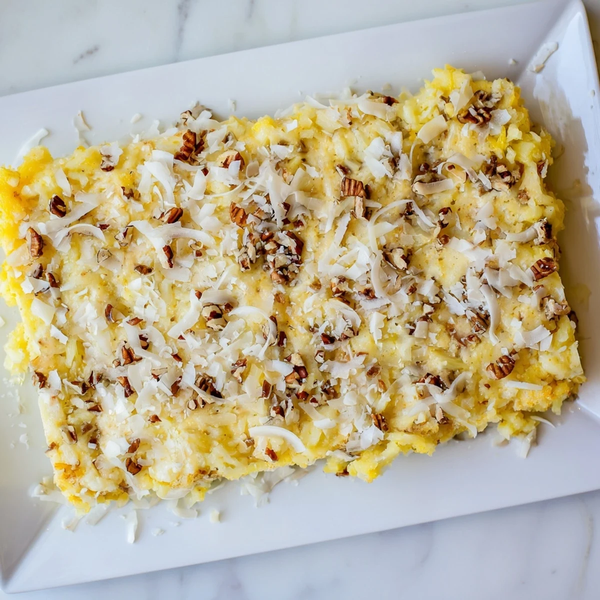 Golden Texas Tornado Cake topped with buttery sauce featuring pecans and coconut