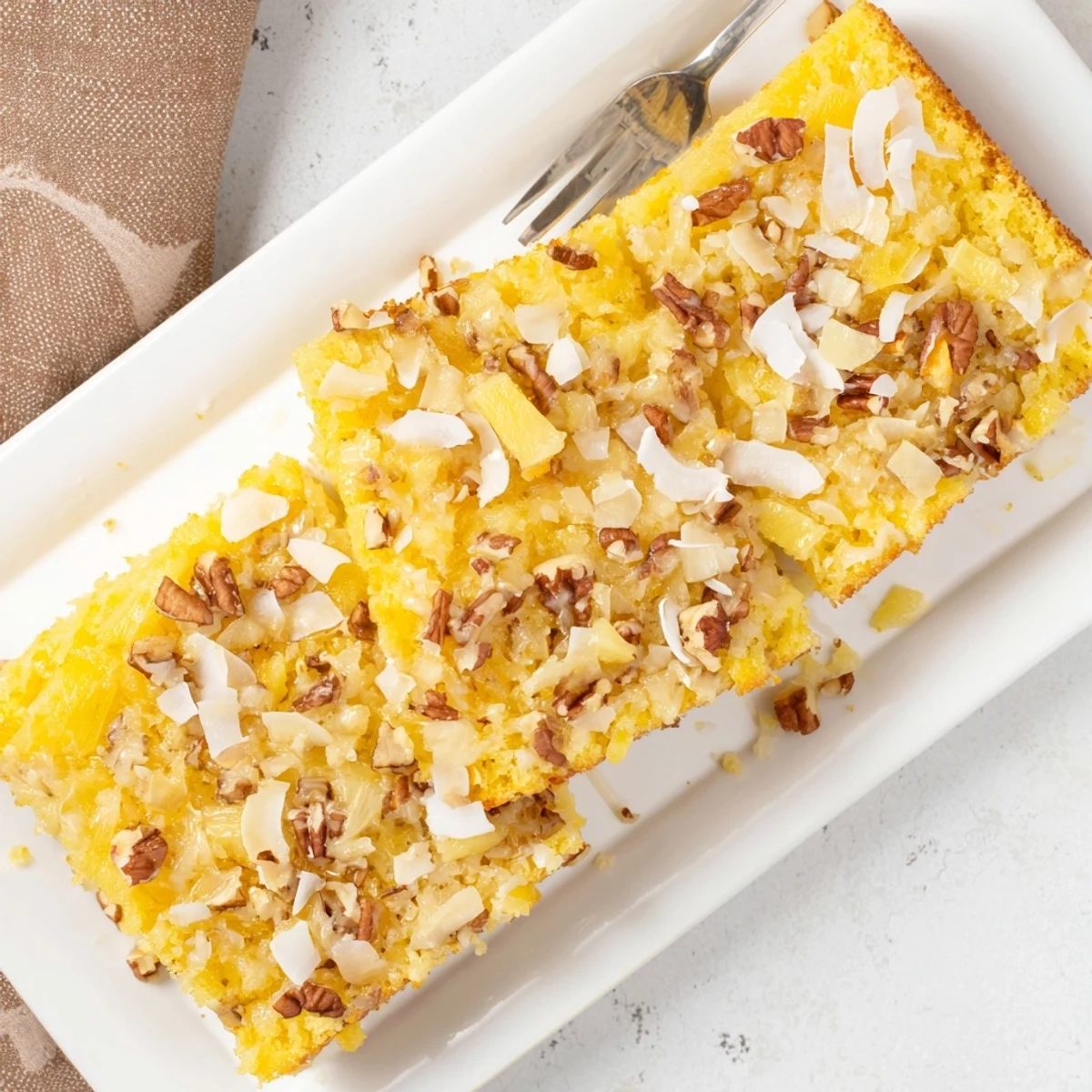 Moist Southern Texas Tornado Cake studded with pineapple and toasted pecan pieces