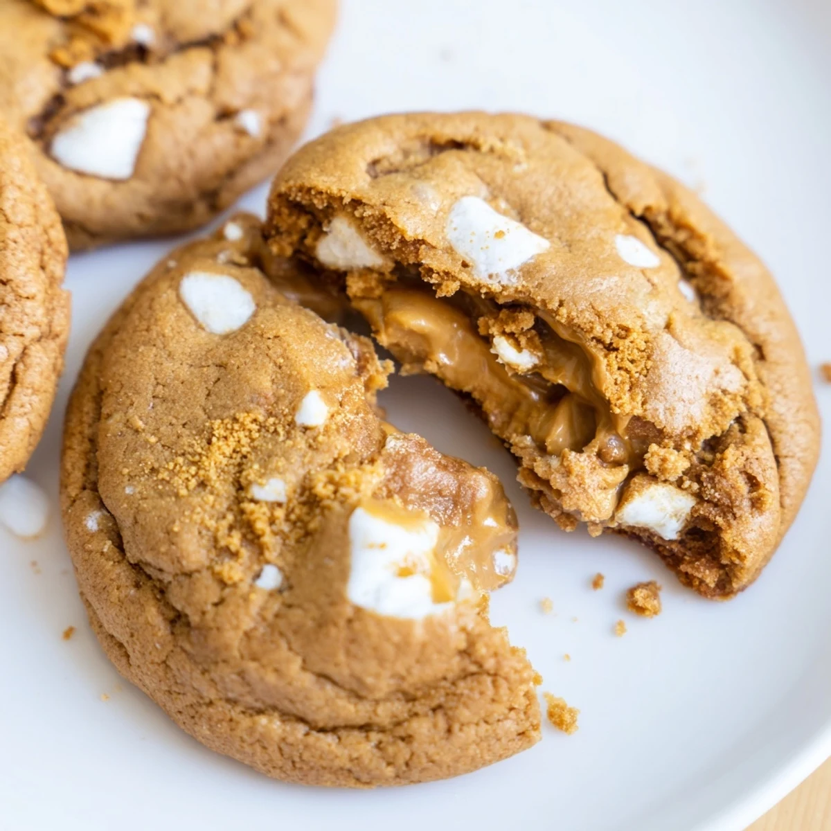 Freshly baked stuffed Biscoff butter lava cookies with warm gooey centers oozing onto a plate