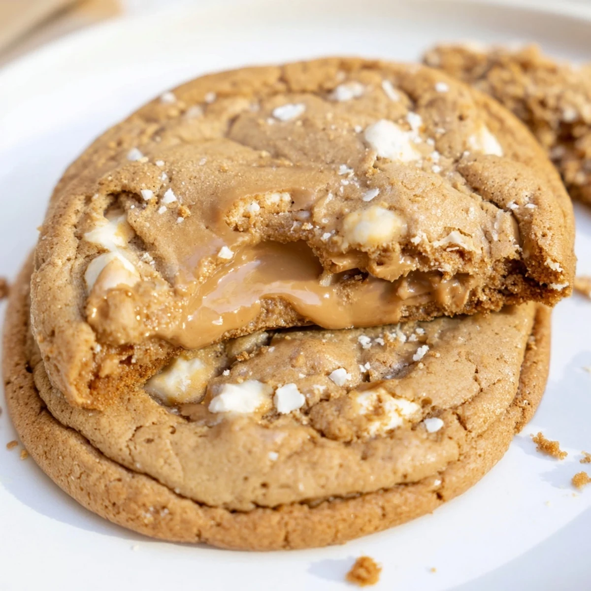Golden stuffed Biscoff butter lava cookies revealing their melty white chocolate and cookie butter filling
