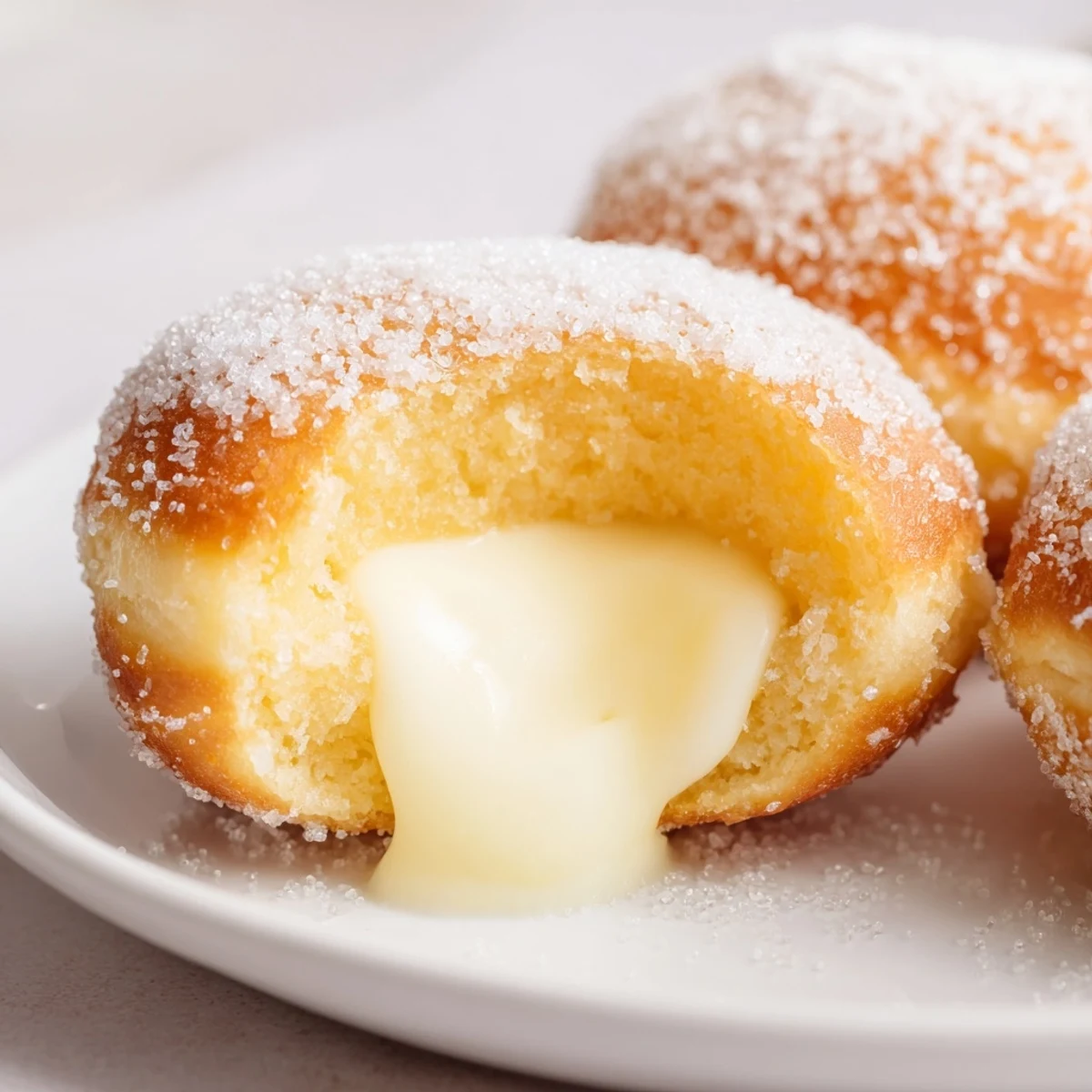 Golden bomboloni alla crema dusted with sugar, filled with smooth vanilla pastry cream on a white plate