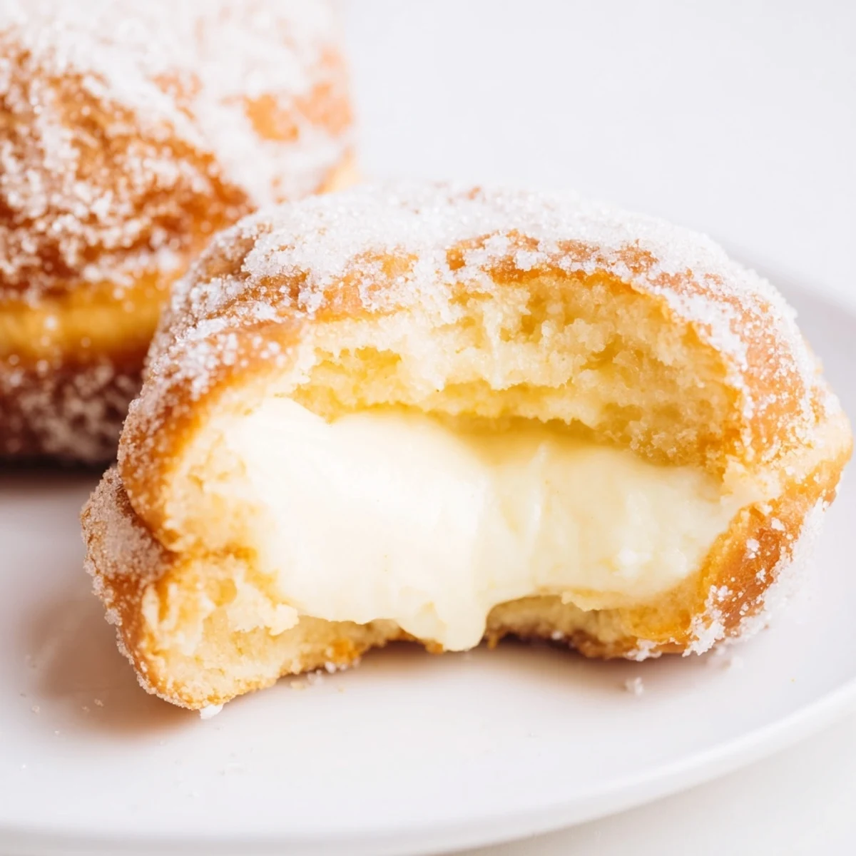 Freshly fried bomboloni alla crema piped full of thick vanilla custard and coated in sparkling sugar