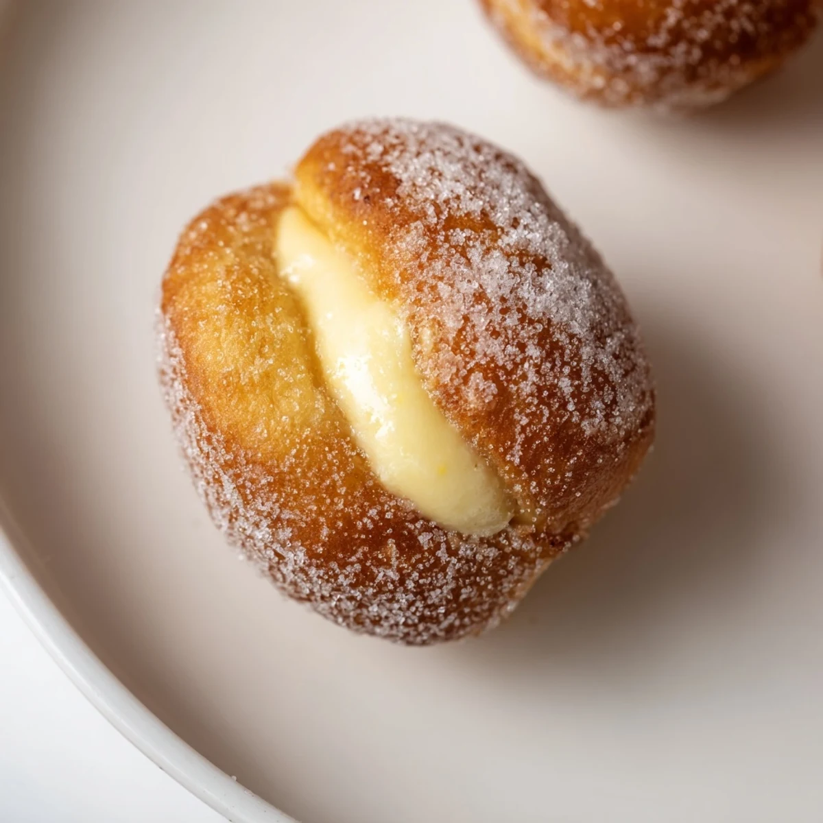 Light and fluffy Italian doughnuts filled with rich vanilla cream and sprinkled with granulated sugar