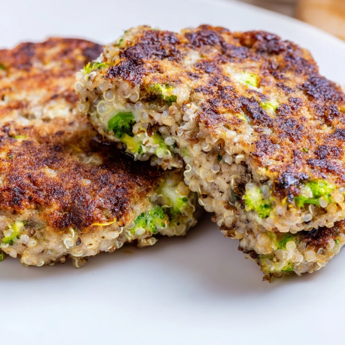 Golden pan-fried turkey broccoli and quinoa burgers steaming on a white plate