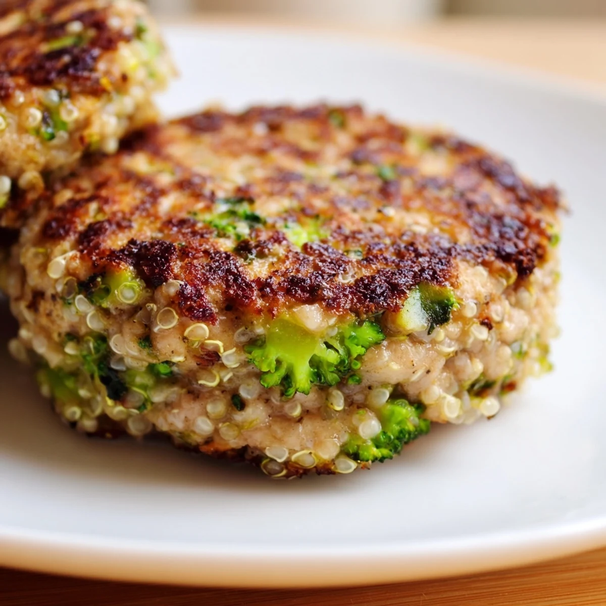 Homemade turkey broccoli quinoa patties with herbs resting on a wooden cutting board
