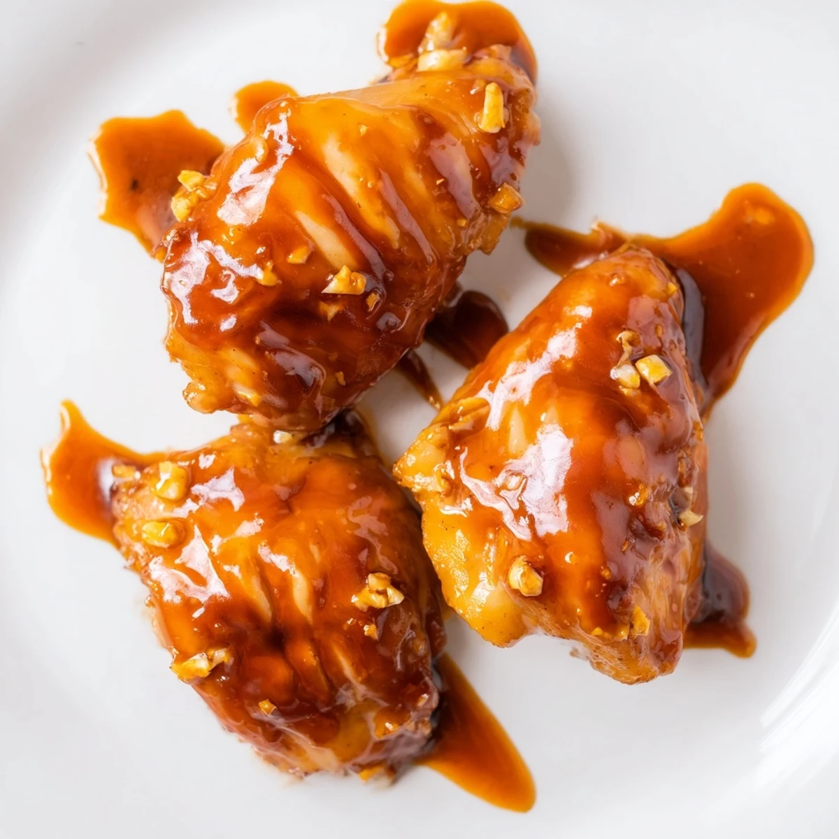 Golden honey garlic chicken thighs glazed with savory sauce beside caramelized roasted sweet potatoes