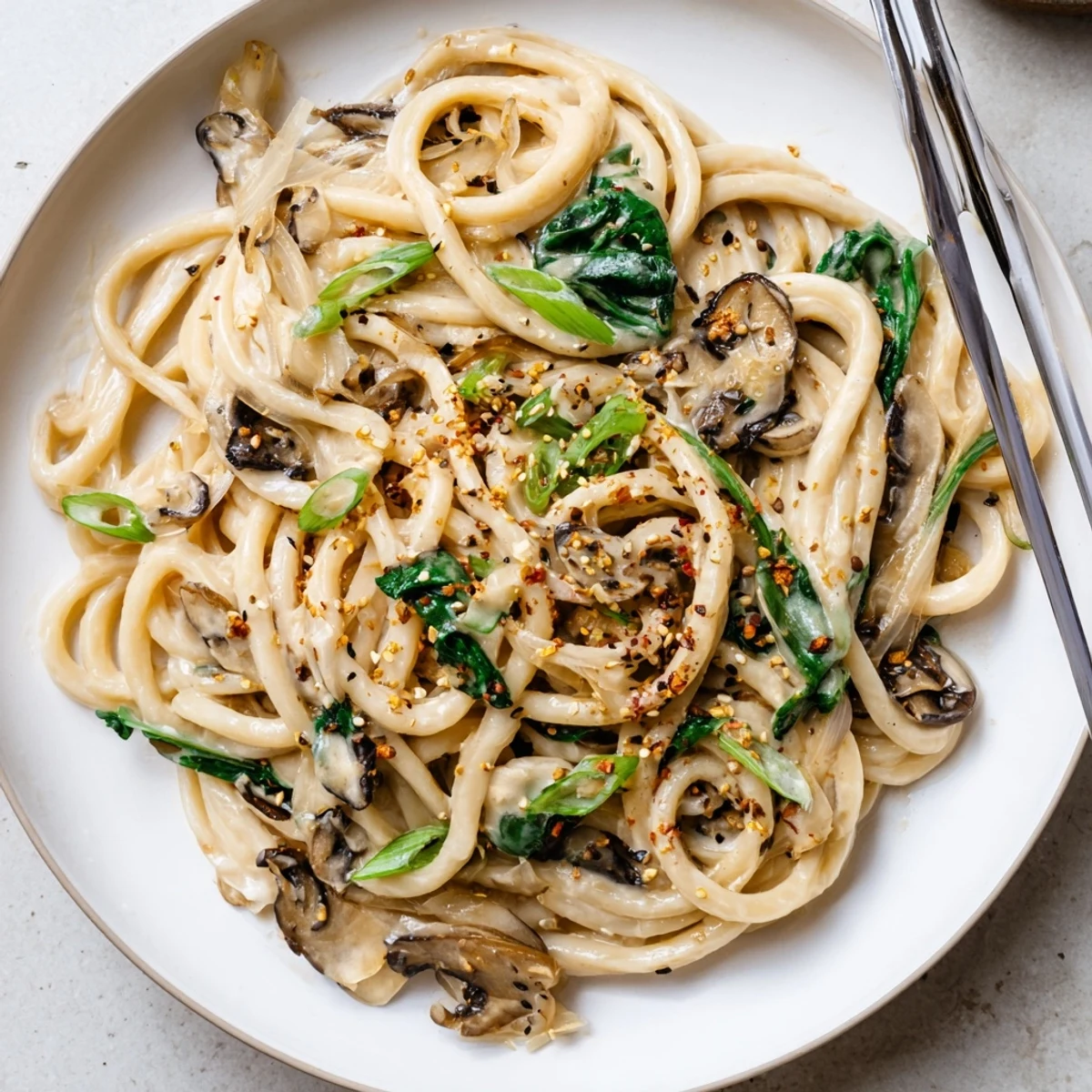 Thick chewy udon noodles swimming in velvety miso cream sauce topped with green onions and sesame seeds