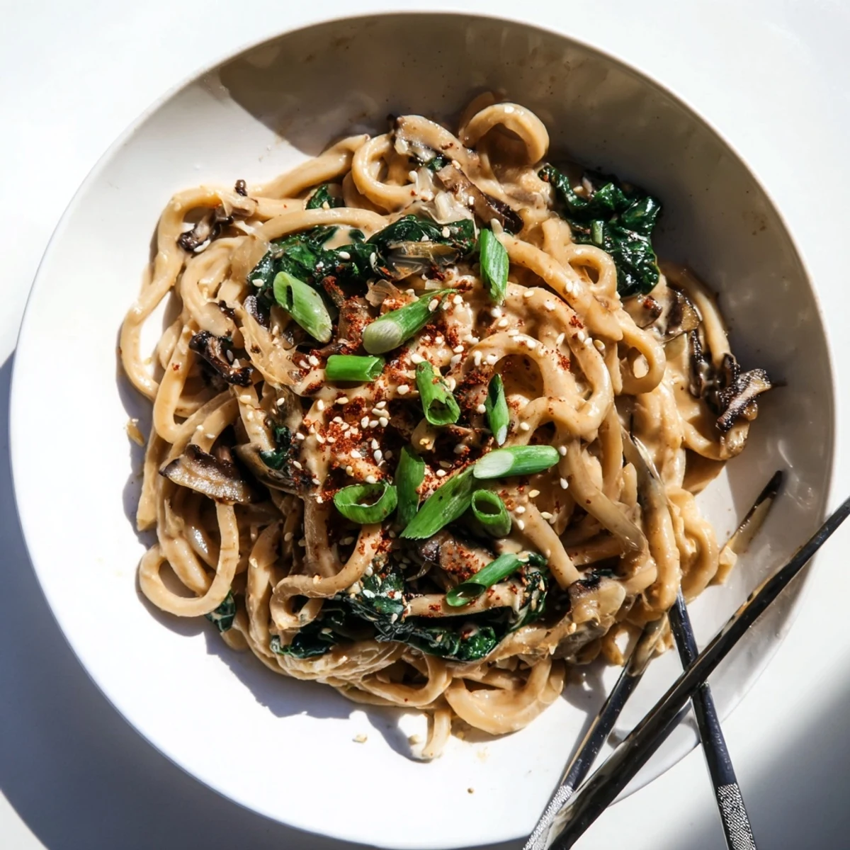 Creamy miso udon noodles coated in rich savory sauce with wilted spinach and sliced mushrooms