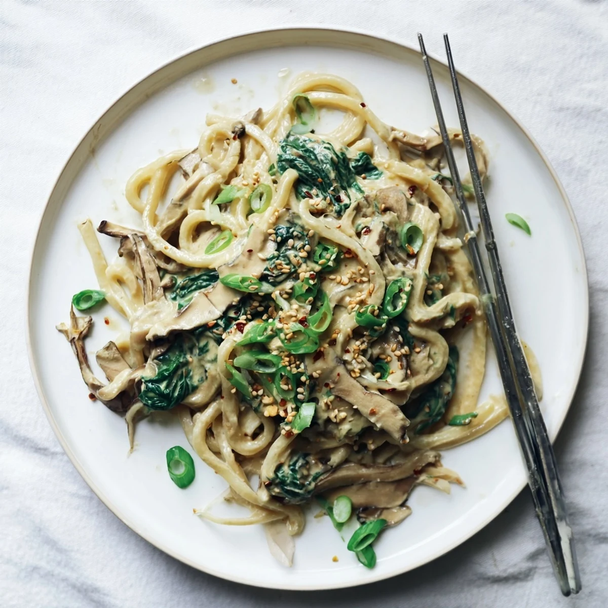 Bowl of creamy miso udon featuring tender shiitake mushrooms and fresh garnish in smooth umami sauce