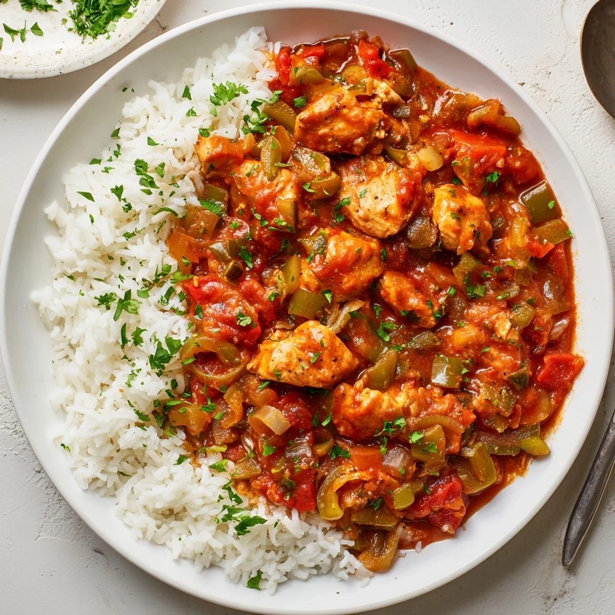 Golden brown chicken thighs simmering in rich tomato Creole sauce with the Holy Trinity vegetables