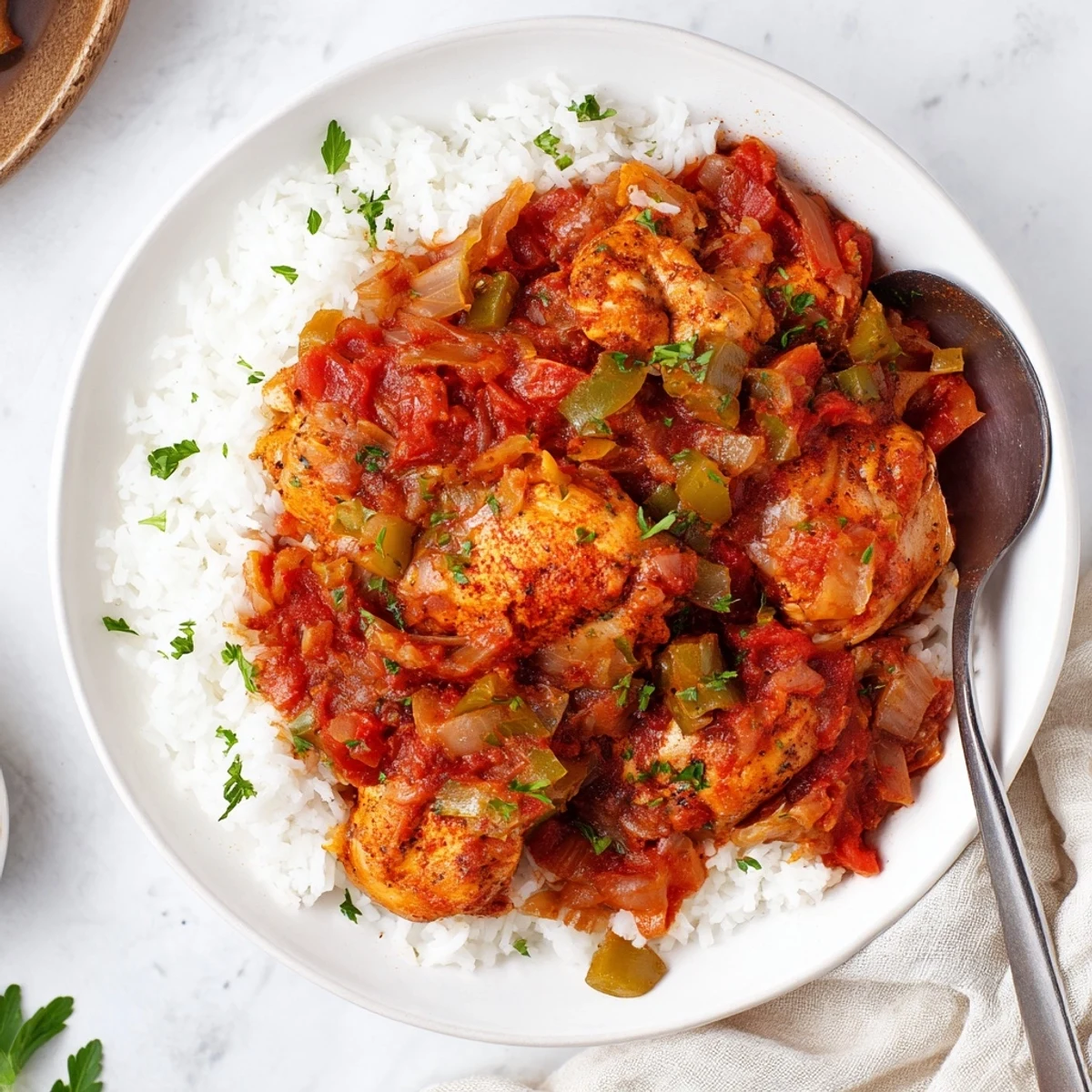 Tender Louisiana stewed chicken served over fluffy white rice with fresh parsley garnish
