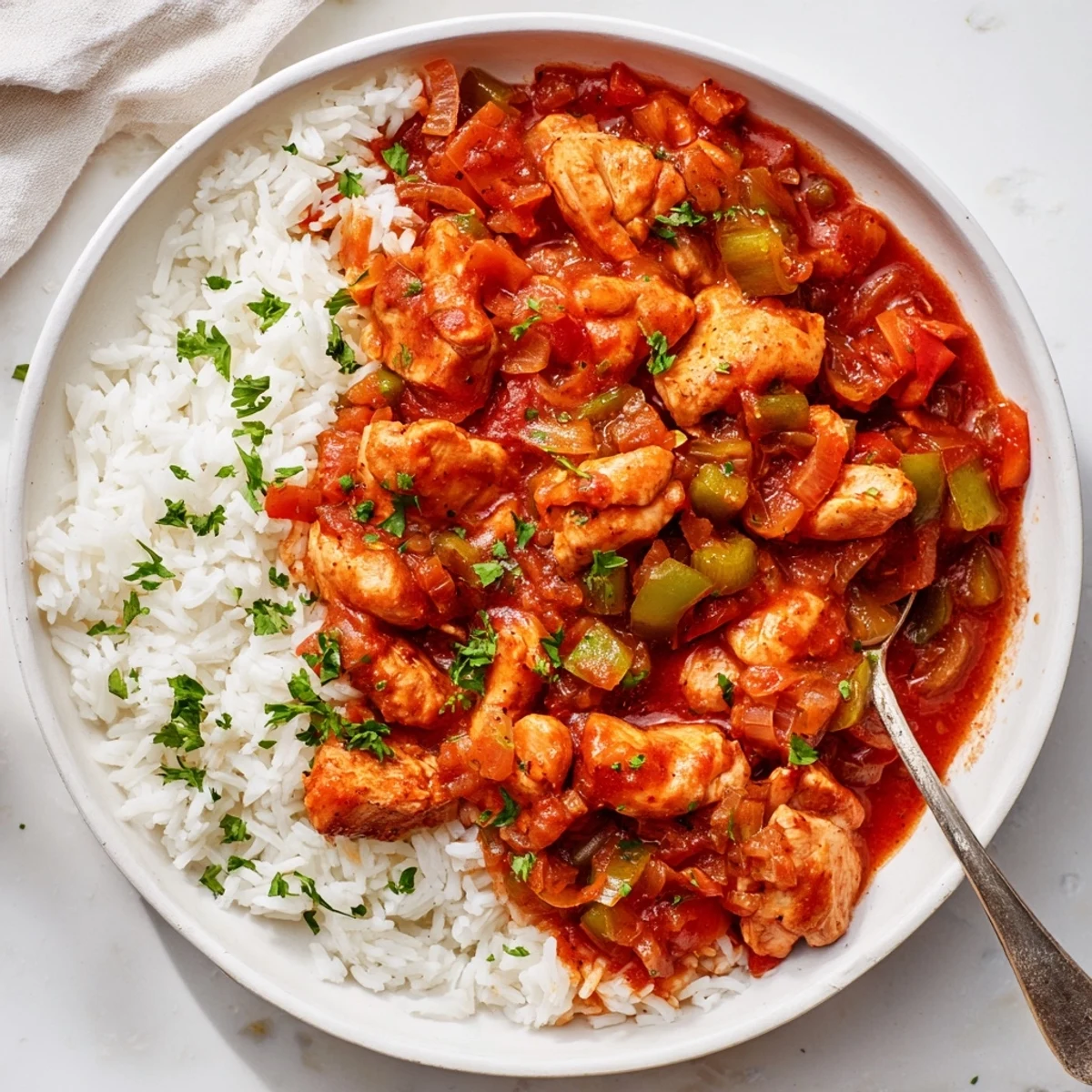 Savory tomato-based chicken stew with bell peppers and celery in a heavy Dutch oven pot