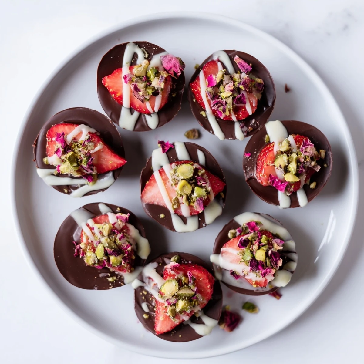 Rich dark chocolate cups filled with sweet strawberries and topped with crushed pistachios