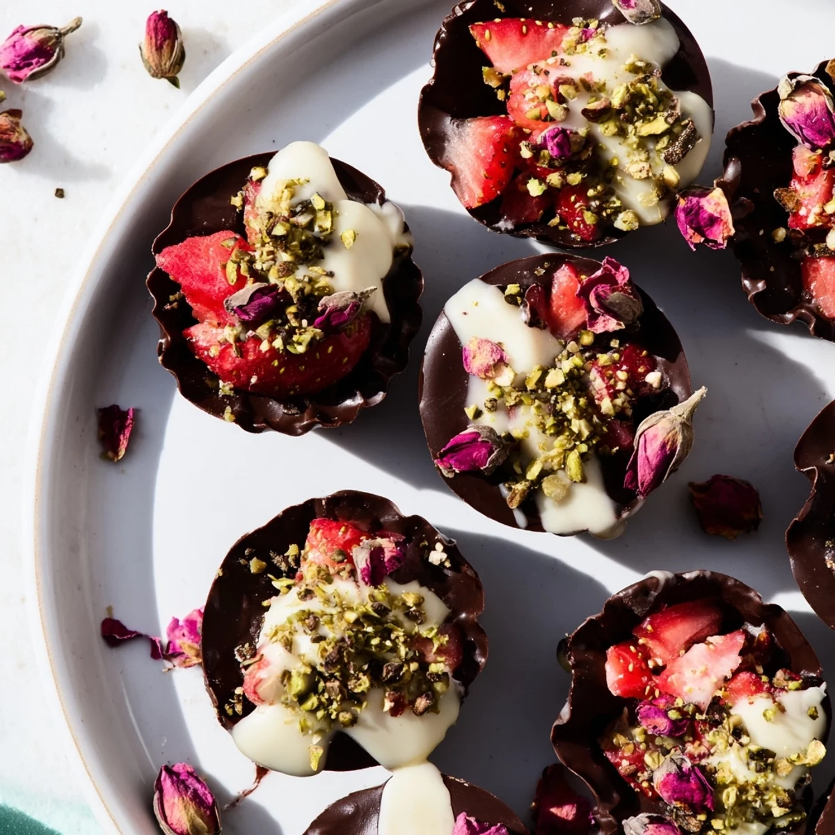 Silky Dubai chocolate covered strawberry cups drizzled with white chocolate and edible gold