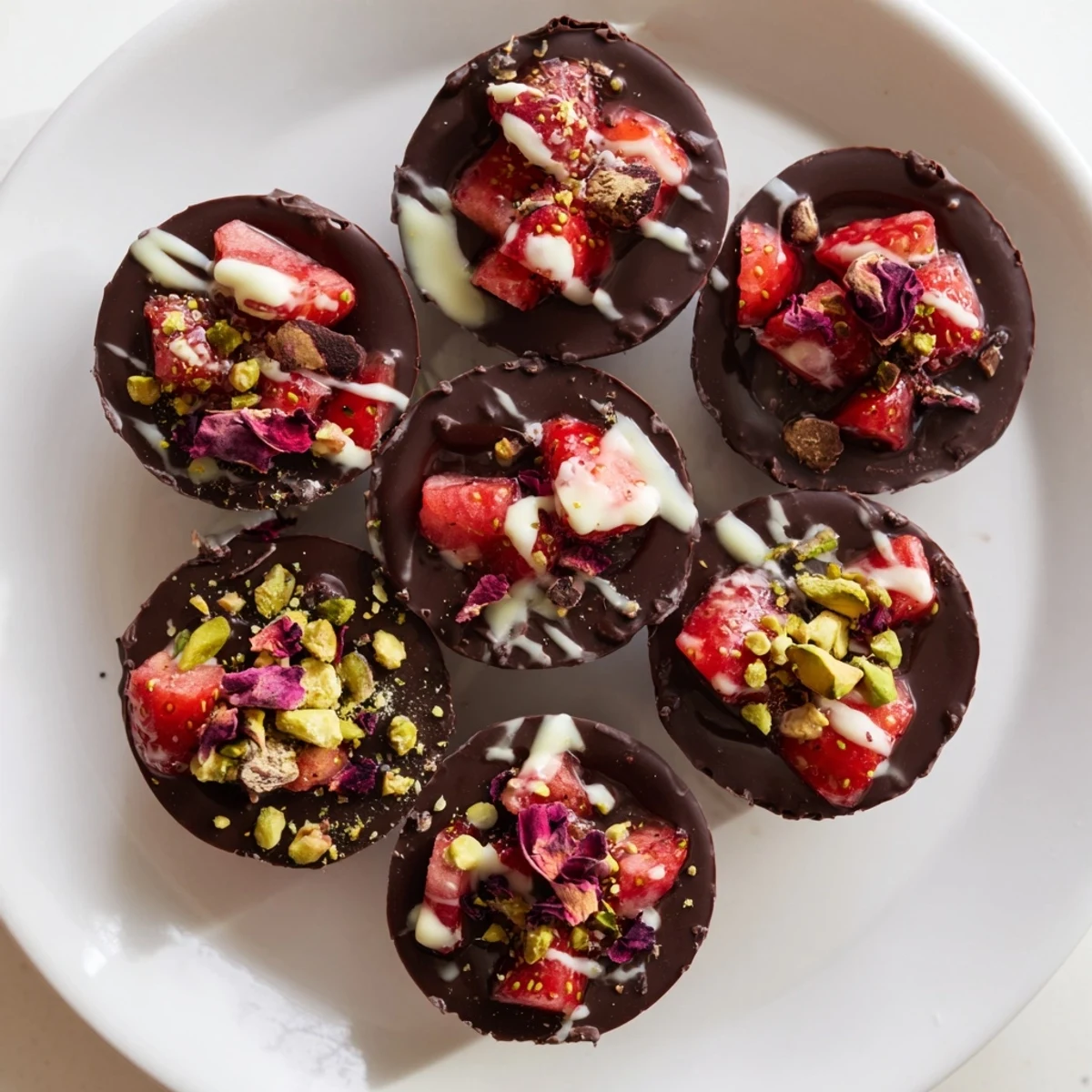 Decadent chocolate dessert cups showcasing fresh strawberry filling with rose water and crunchy nuts