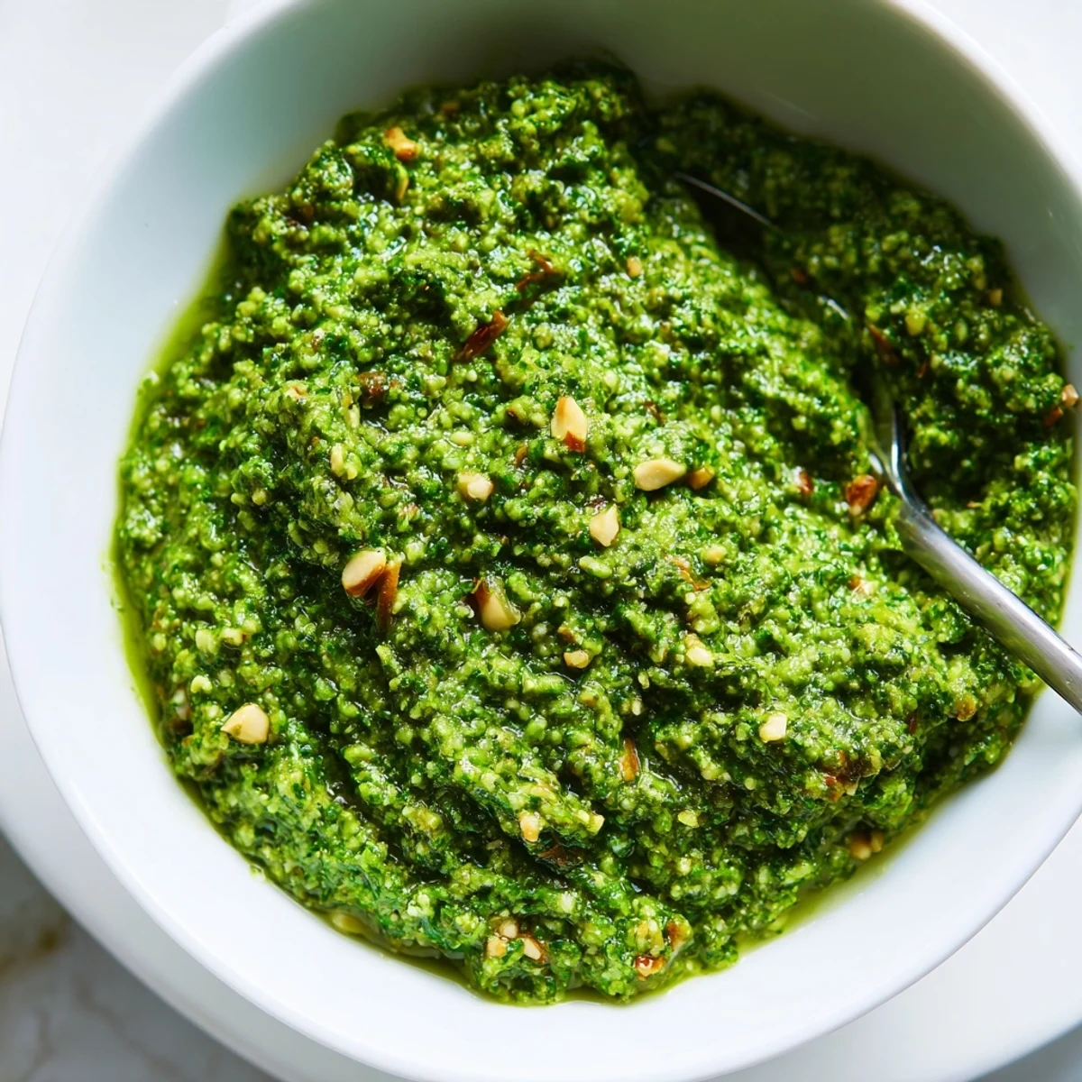 Vibrant green Thai basil pesto sauce drizzled over steaming rice noodles with fresh cilantro garnish
